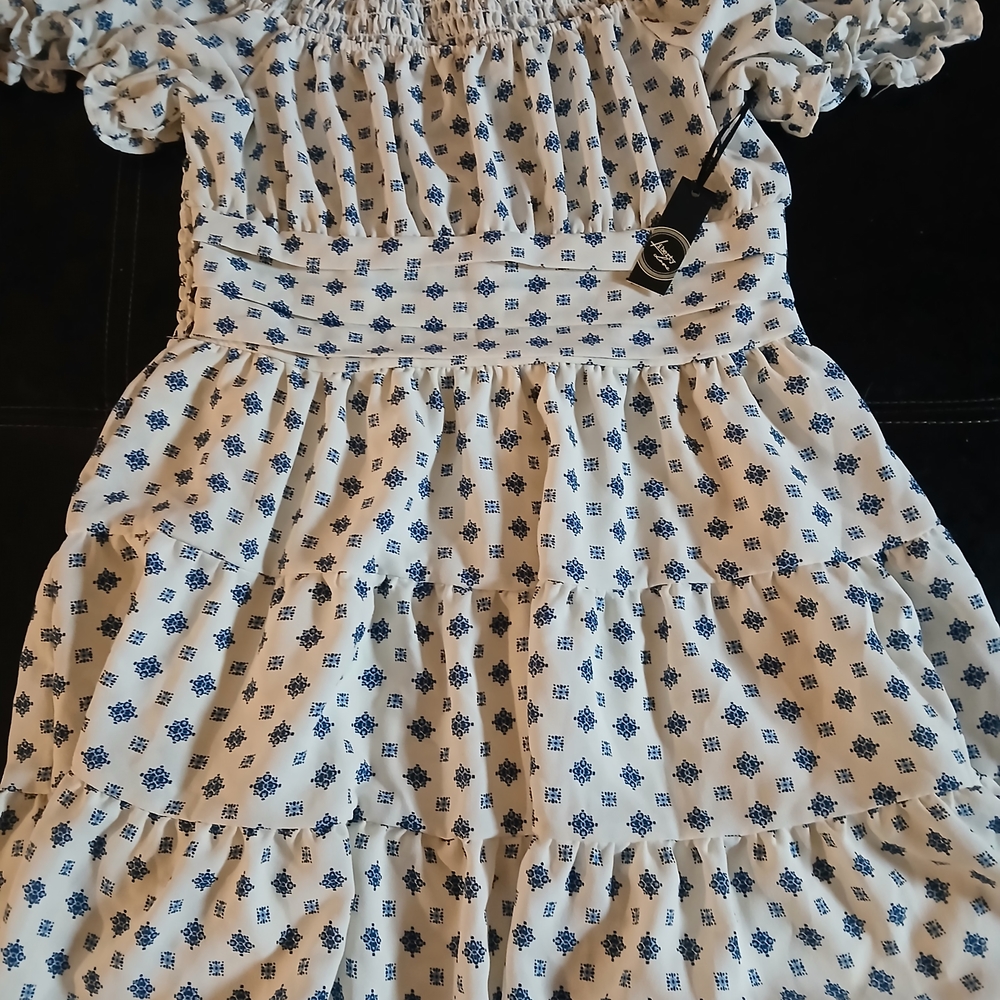 Liberty Love Floral Ruffle Dress in Blue and White